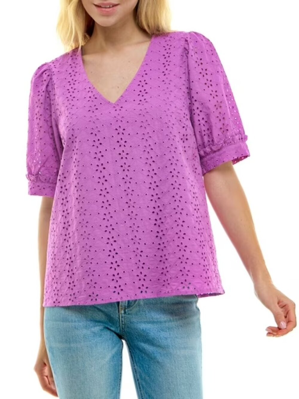 Draper James Heidi V-Neck Puff Short Sleeve Purple Eyelet Top